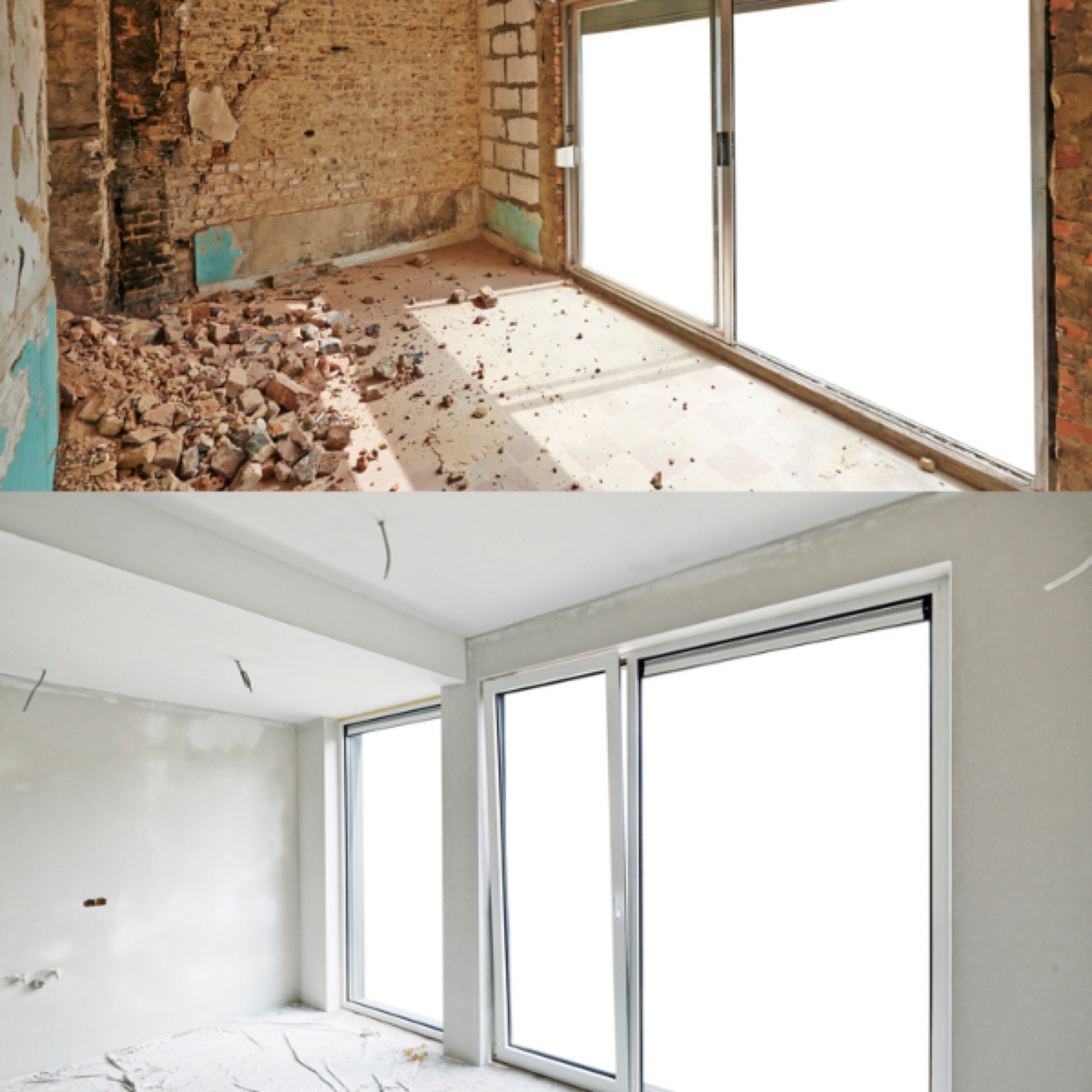 Gutted room during water damage reconstruction